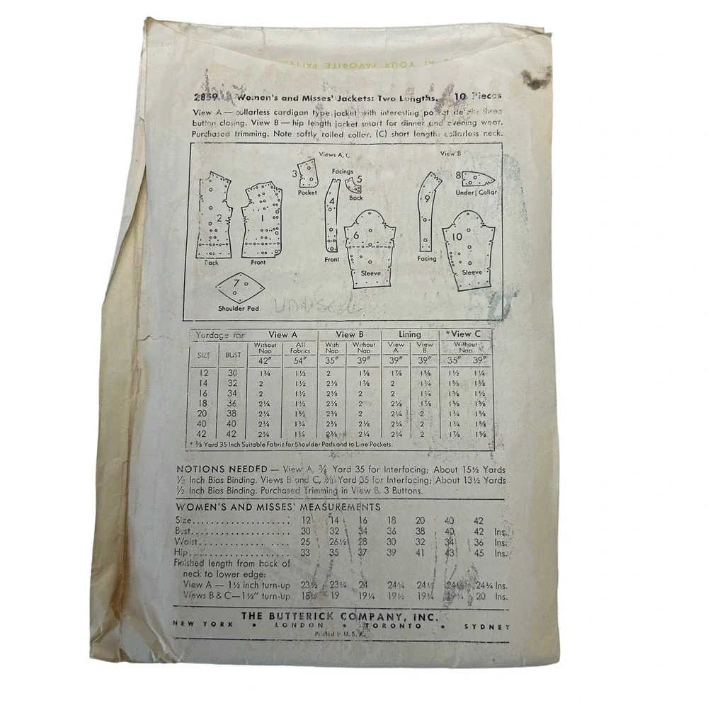 Butterick Vintage 1940's or 50's Pattern #2859 Women's Jackets 2 Lengths Size 16
